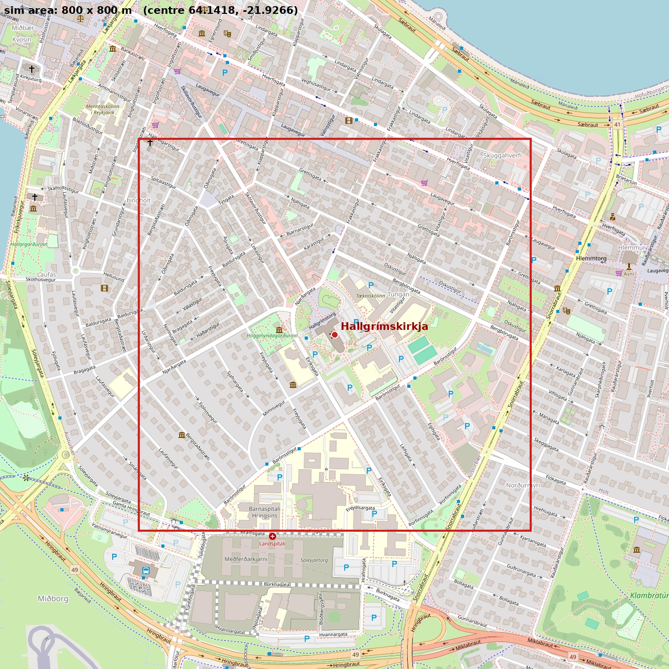 Simulation area marked over central Reykjavík